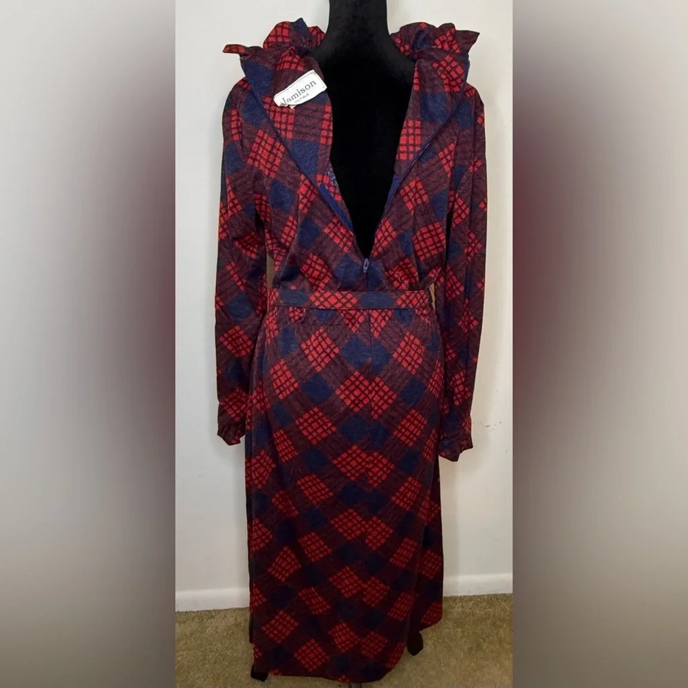 Vintage 70’s Red & Blue tartan plaid long sleeve midi dress belt, pockets 14 - Picture 9 of 9